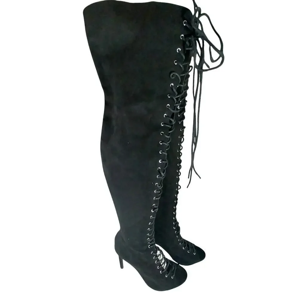 LUXE BLACK VEGAN SUEDE LEATHER/MICROFIBER OVER THE KNEE SEXY BOOTS! SZ 10M